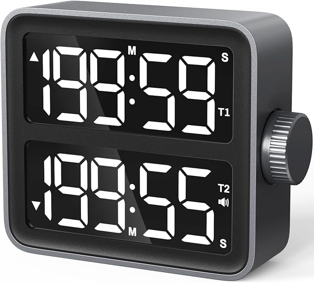 MeesMeek Dual Kitchen Timer - Dual Channels Countdown Stopwatch with LED Display, Adjustable Volume and Brightness, Magnetic Digital Timer for Cooking, School, Classroom