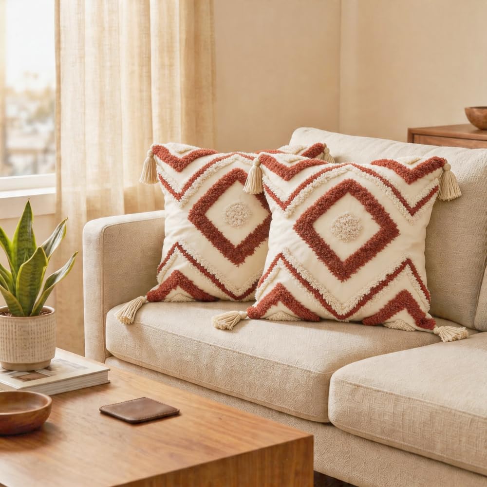 QIFONIX Decorative Throw Pillow Cover, Tufted Geometric Pattern, Tassel Corners, White with Multi-Colour Accents (Red,18" x 18" (Pack of 2))