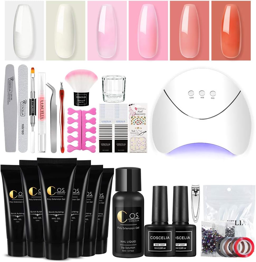 Poly Nail Gel Kit 6 Colors Extension Builder Nail Gel with 36W LED Light Nail Lamp Slip Solution Enhancement Kit Rhinestones False Nail Tips Nail Art Designs Manicure Tools Beginner Starter Kit