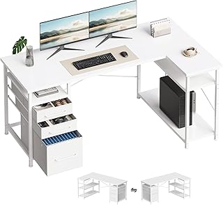 Maihail 55 Inch Computer Desk with Drawers, Desks for Bedroom, Desk with Storage Space, Desk for Small Space, White