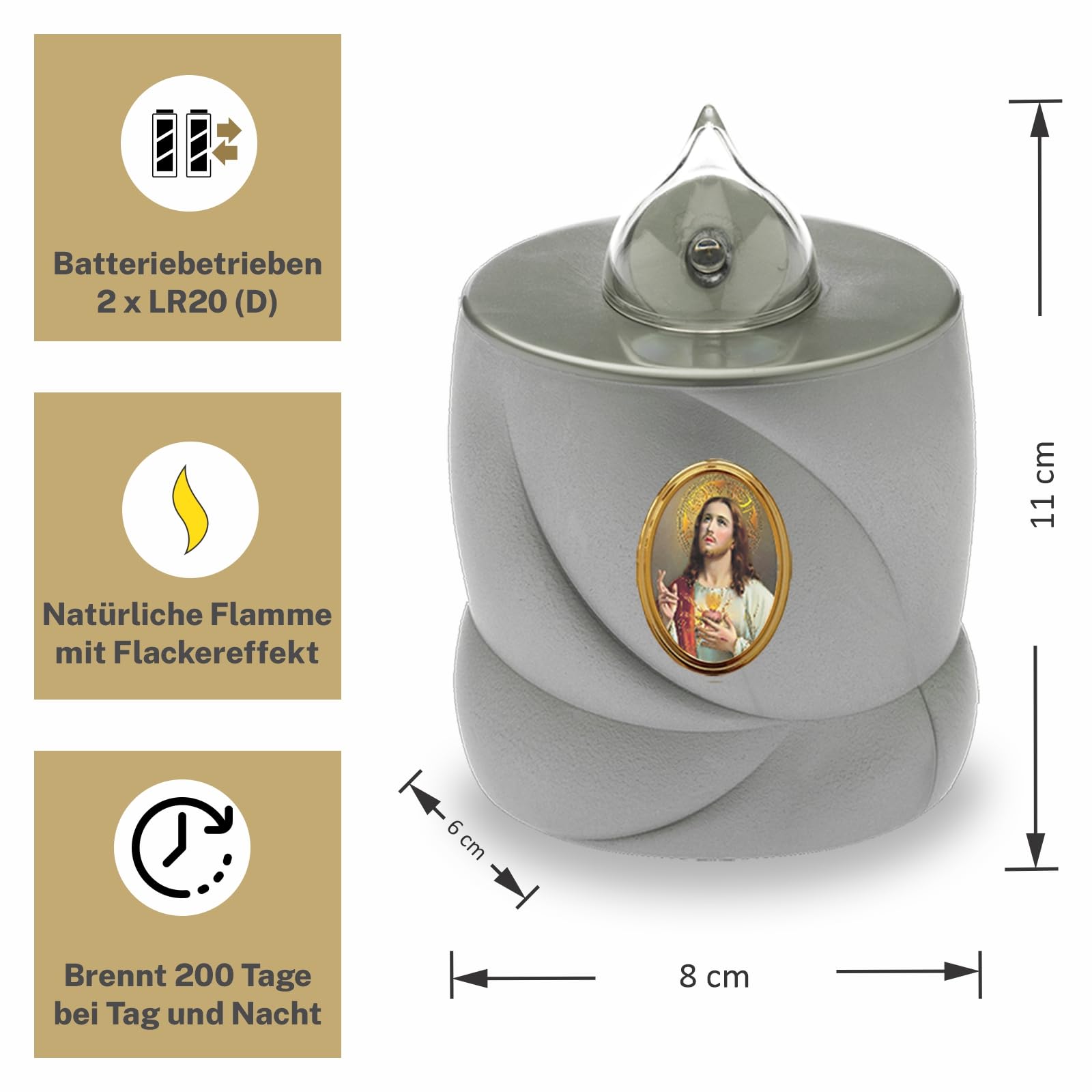AROBA LED Grave Candle - Flickering Effect - Long Burning Time - Reusable - Silver Jesus, Silver - Jesus, 1 Grabkerze - Image 2