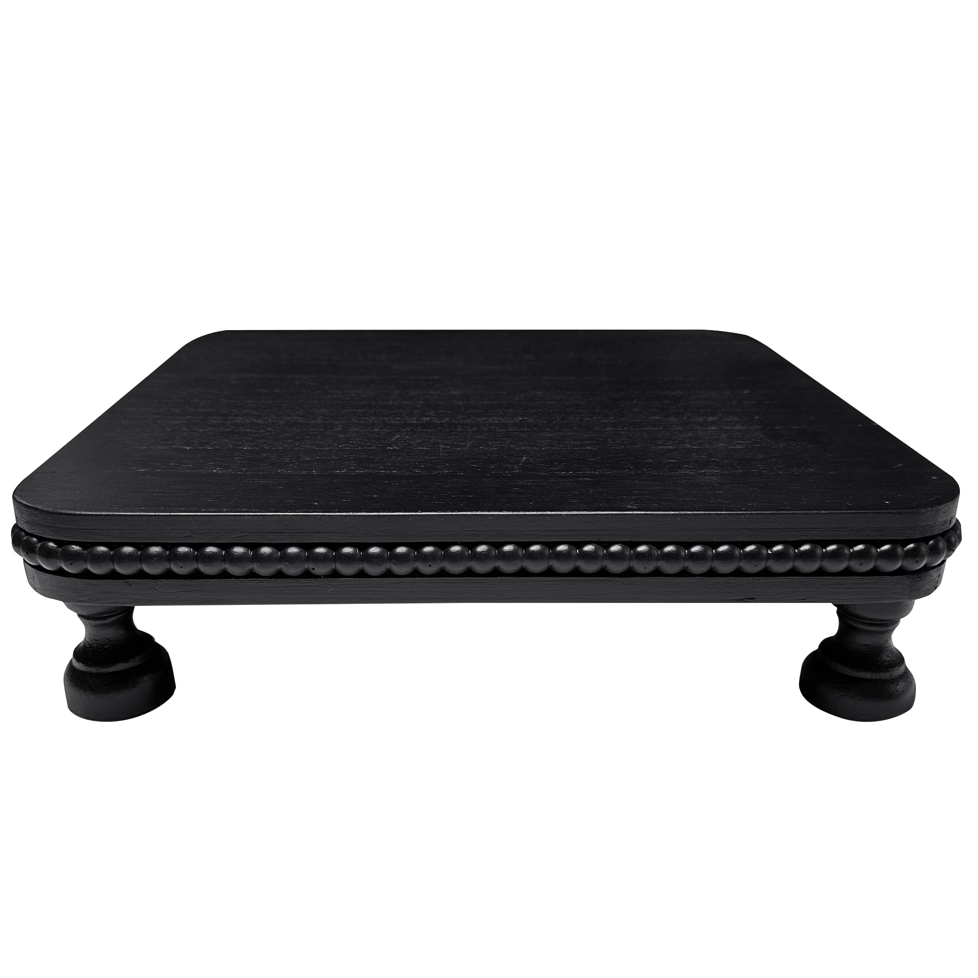 dwellingtonFarmhouse Display Wood Riser, 12" Decorative Black Beaded Pedestal Stand, Square Tiered Tray Decor for Kitcher Decor, Countertop
