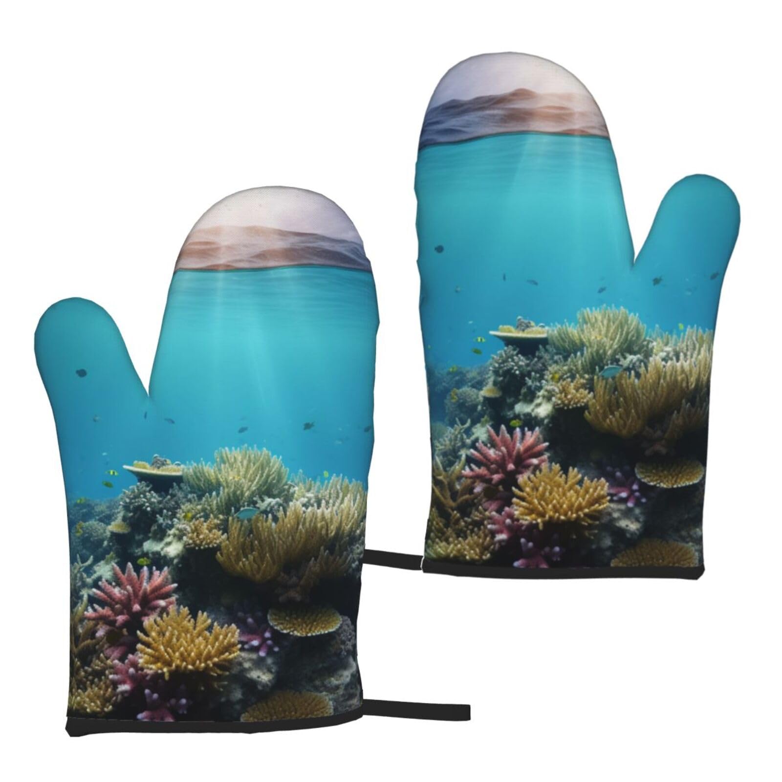 Underwater Coral Reef Seabed Printed Oven Mitts Sets 2 PCS Heat Resistant and Non-Slip Glove Potholder for Kitchen Cooking Baking Grilling