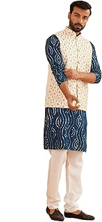 sojanya (Since 1958 Men's Cotton Teal Blue Kurta With Churidaar Pyjama & Cream Nehru Jacket-picture-28