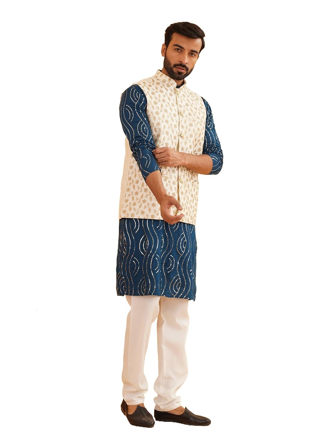 Sojanya (Since 1958 Men's Pure Cotton Teal Blue Kurta And White Pyjama With Cream Embroidery Nehru Jacket