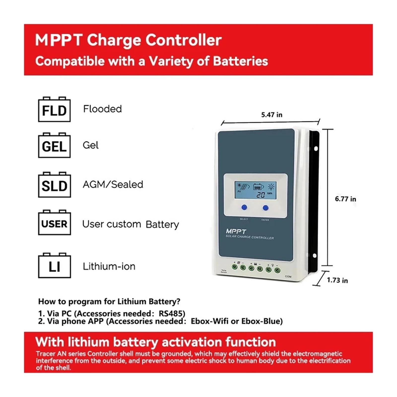 Kontroler ładowania słonecznego, MPPT 10A 20A 30A 40A Regulator Ładowania Słonecznego Tracer Seria AN LCD Podświetlenia Do Akumulatora Litowo-jonowego Kwasowo-ołowiowego(40A(4210AN))