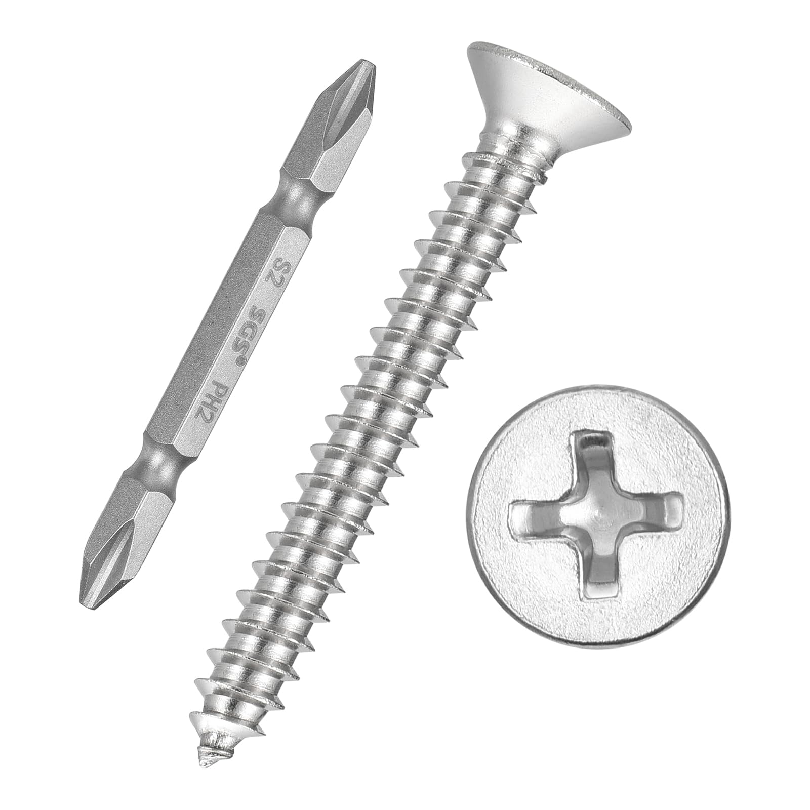 Kozelo 51pcs Phillips Flat Head Wood Screws with Screwdriver Bits - [#10x1-1/2"] 304 Stainless Steel Countersunk Self-Tapping Screws for Furniture Assembly, Outdoor Construction, Silver — image 1