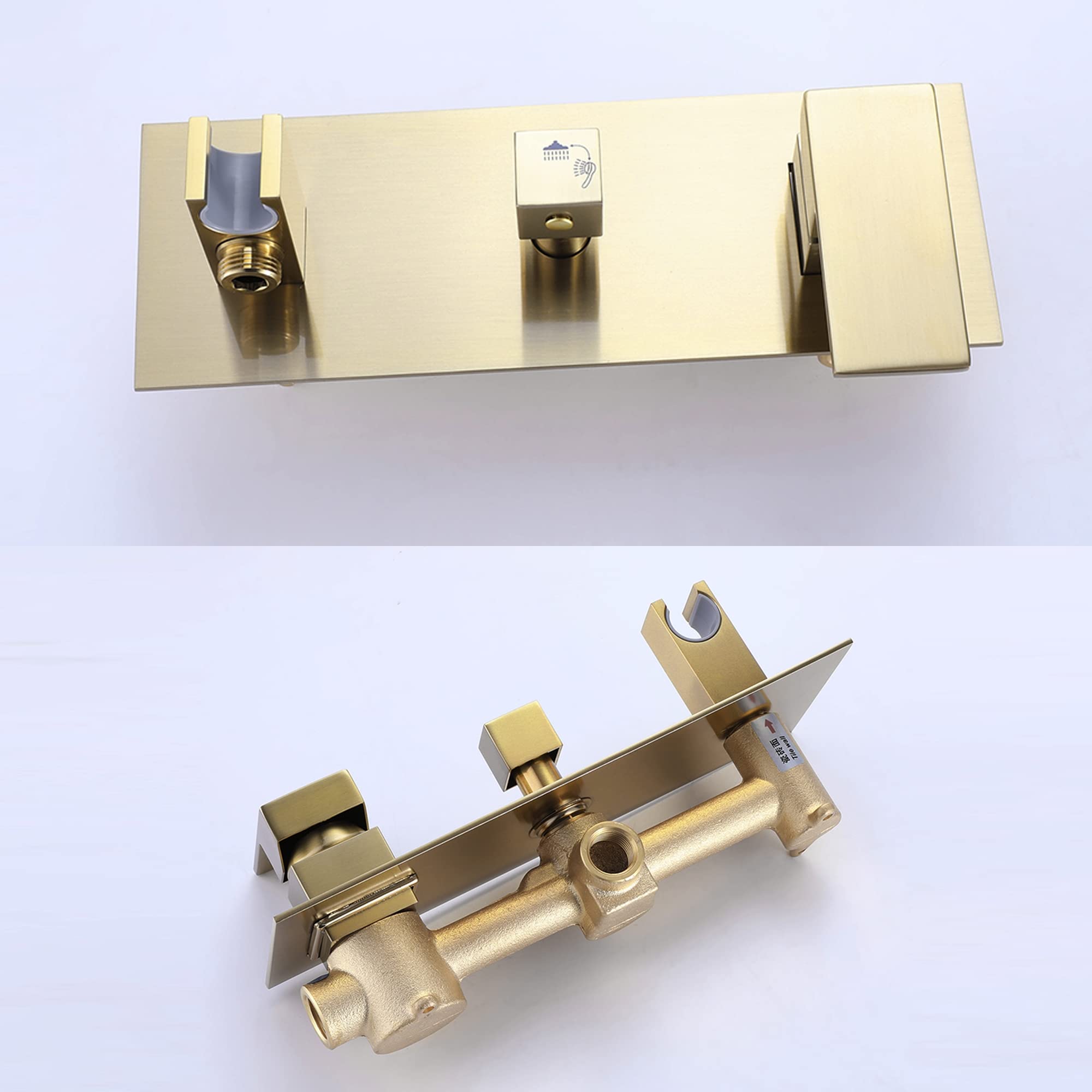 Grifo Mezclador baño con Ducha Lluvia y rociador Mano, Grifo Ducha Dos vías, Mezclador Lluvia Pared Oro Cepillado con Cabezal Ducha Lluvia 25 cm.