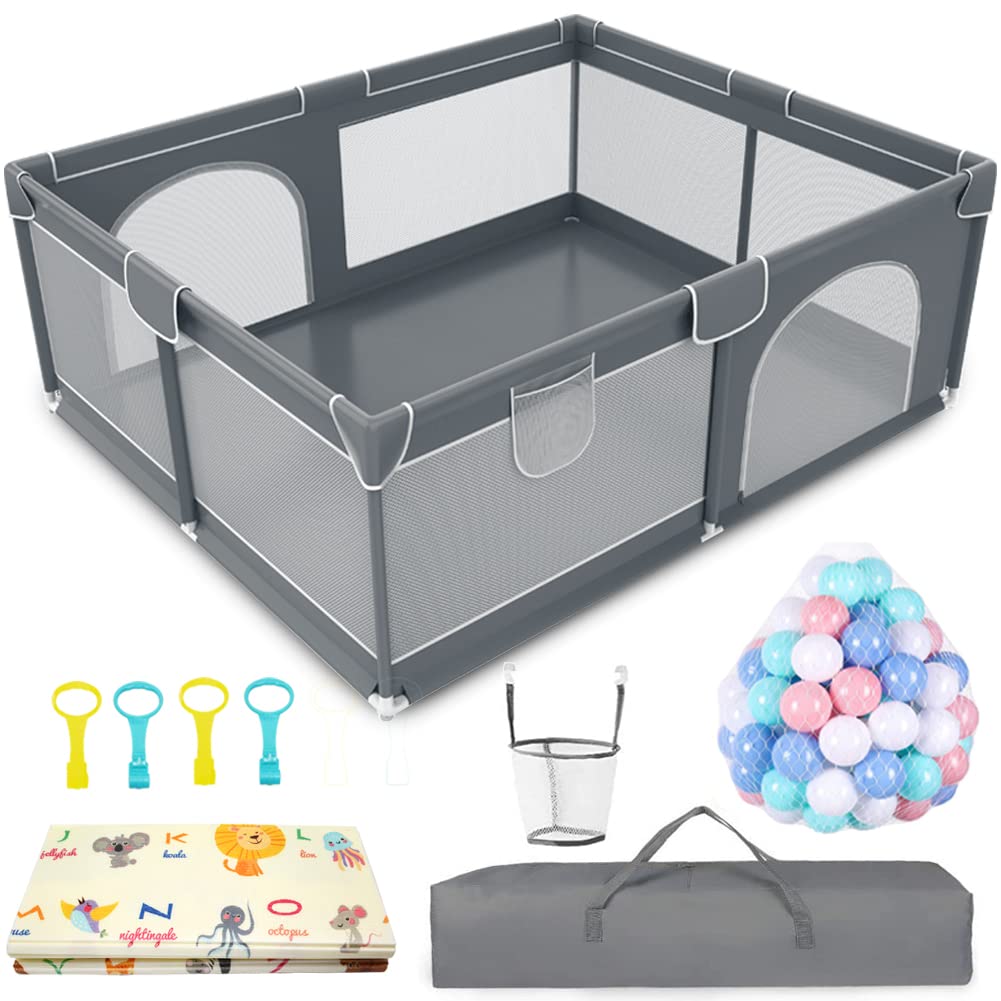 Photo 1 of **opened**
Playpen for Babies and Toddlers, Extra Large Baby Play Pen with Gate, Portable Baby Playard with Mat, Ocean Ball, Foldable Infant Baby Fence Play Area for Indoor & Outdoor Kids Activity Center