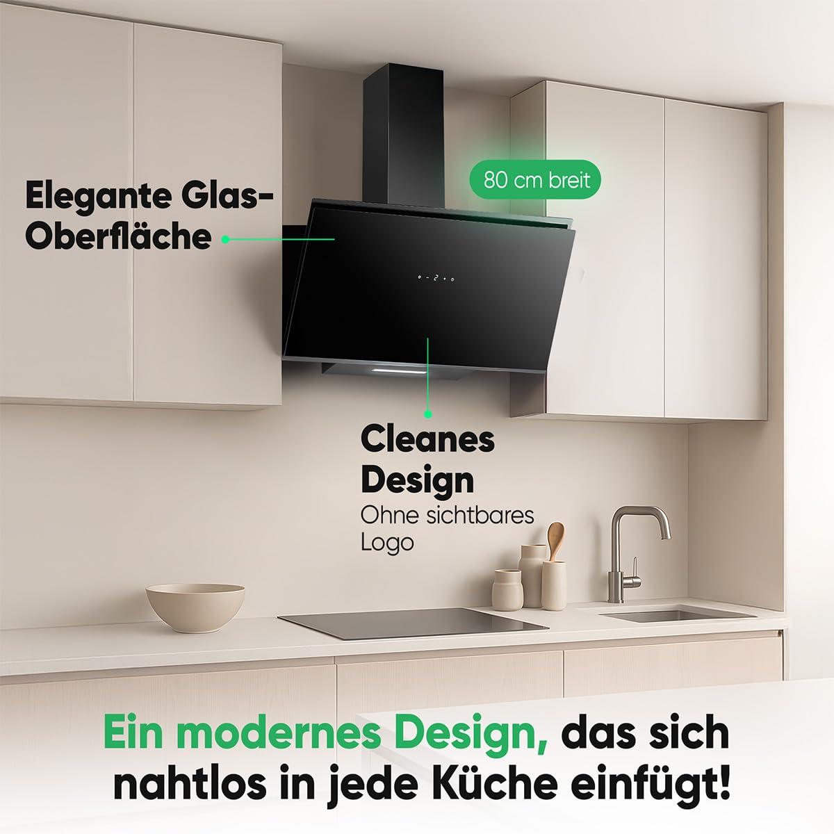 Bomann® Dunstabzugshaube 80cm breit | Abzugshaube für Umluft und Abluft | inkl. Montage-Material | starker Dunstabzug | leise Kopffreihaube 80cm | Dunstabzugshaube Umluft | DU 7612