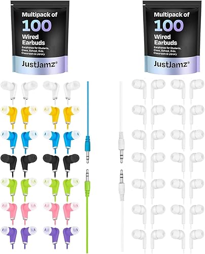 JustJamz Paquete de 200 auriculares a granel para el aula, incluye 100 auriculares multicolor y 100 blancos con cable con conector de 0.138 in,