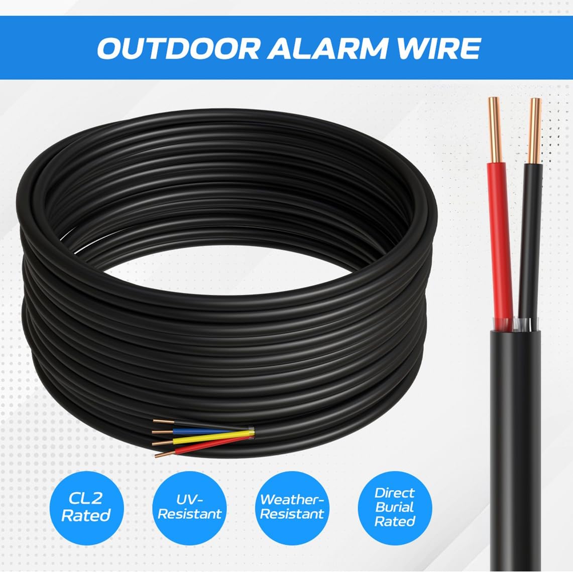 500FT 22AWG Outdoor Alarm Wire – 2 Conductor Solid CCA Cable, Black | CL2 Rated, Direct Burial, UV & Weather Resistant Security Wire for Exterior Use