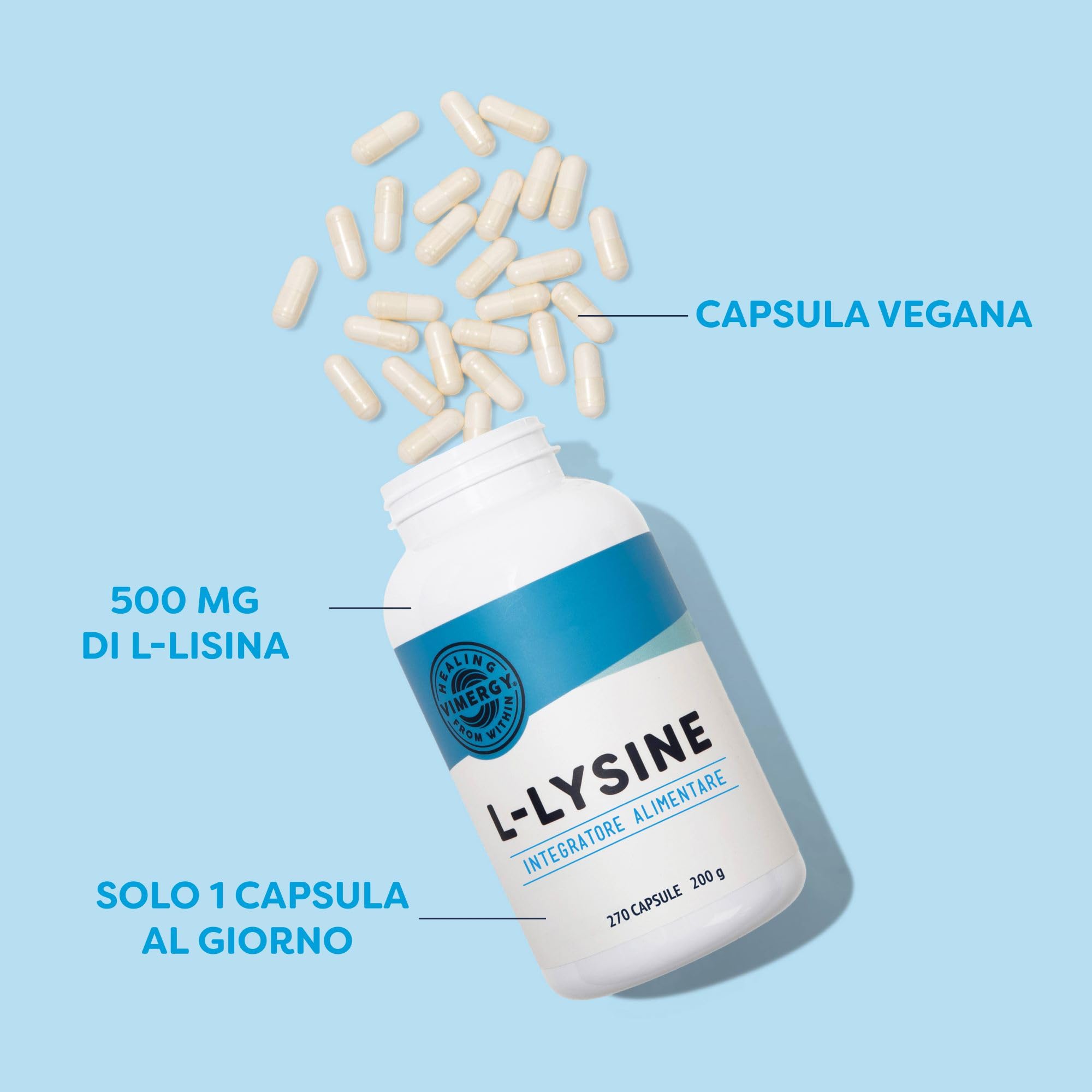 Vimergy L-Lysine 500 mg L-Lisina in Capsule, 270 Dosi – Amminoacido Essenziale – Capsula Vegana Senza Gelificanti - Senza OGM, Senza Glutine, Senza Gelatina, Kosher