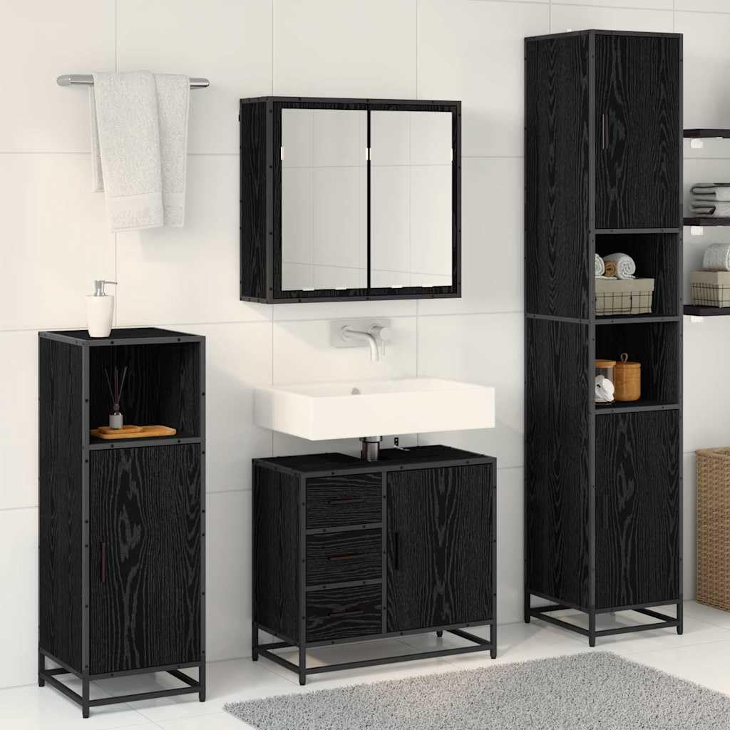 Set di mobili da bagno, 4 pezzi, nero, effetto rovere, materiale in legno