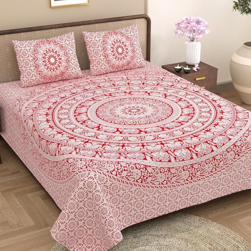 Image of Opulent Collection Double Bedsheet with 2 Pillow Cover | 100% Cotton Bedsheets for Double Bed | Handloom Bedsheet | Size 86x90 inches | King Size (90X102 Inches) (Cadmium Red, King)