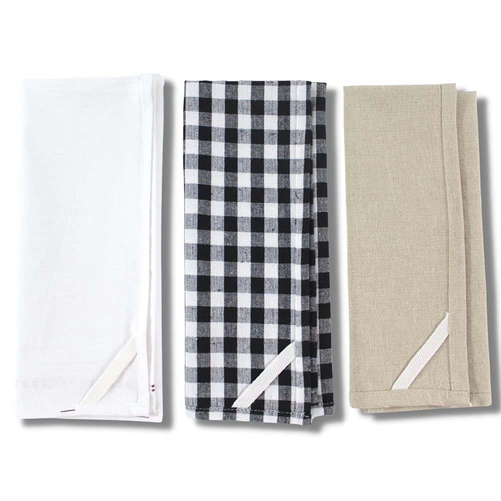 Serafina Home Farmhouse Kitchen Dish Towels: Autumn Black and White Gingham and Print Pumpkins with Fall Greetings (Design 3)
