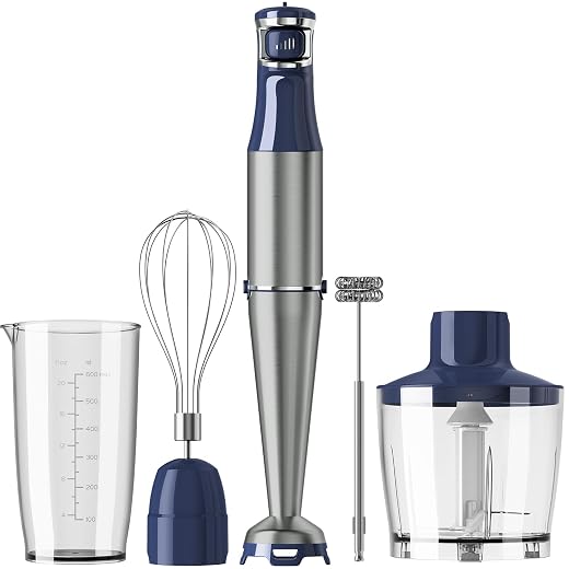 Turelar Immersion Blender Handheld Corded Hand Blenders Set 1100W, Trigger Variable Speed 5 in 1 Stick Emulsifier with Chopper, Whisk and Frother for Soup, Baby Food and Smoothies, Navy Blue