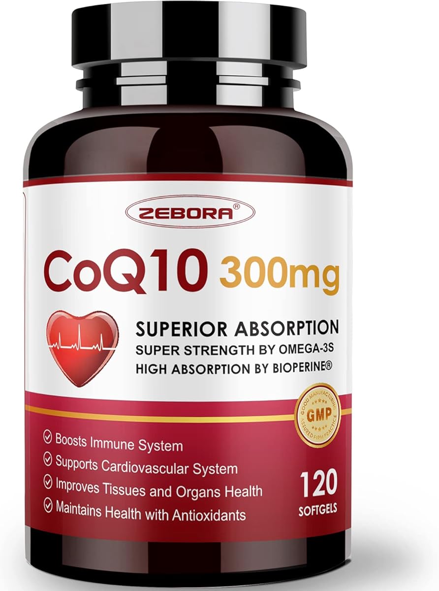 ZEBORA ZEBORA CoQ10-300mg-Softgels with PQQ, BioPerine & Omega-3, 120 Servings Coenzyme Q10 (Ubiquinone) Supplement for High-Absorption, Powerful-Antioxidant, Support Heart-Health & Energy-Production