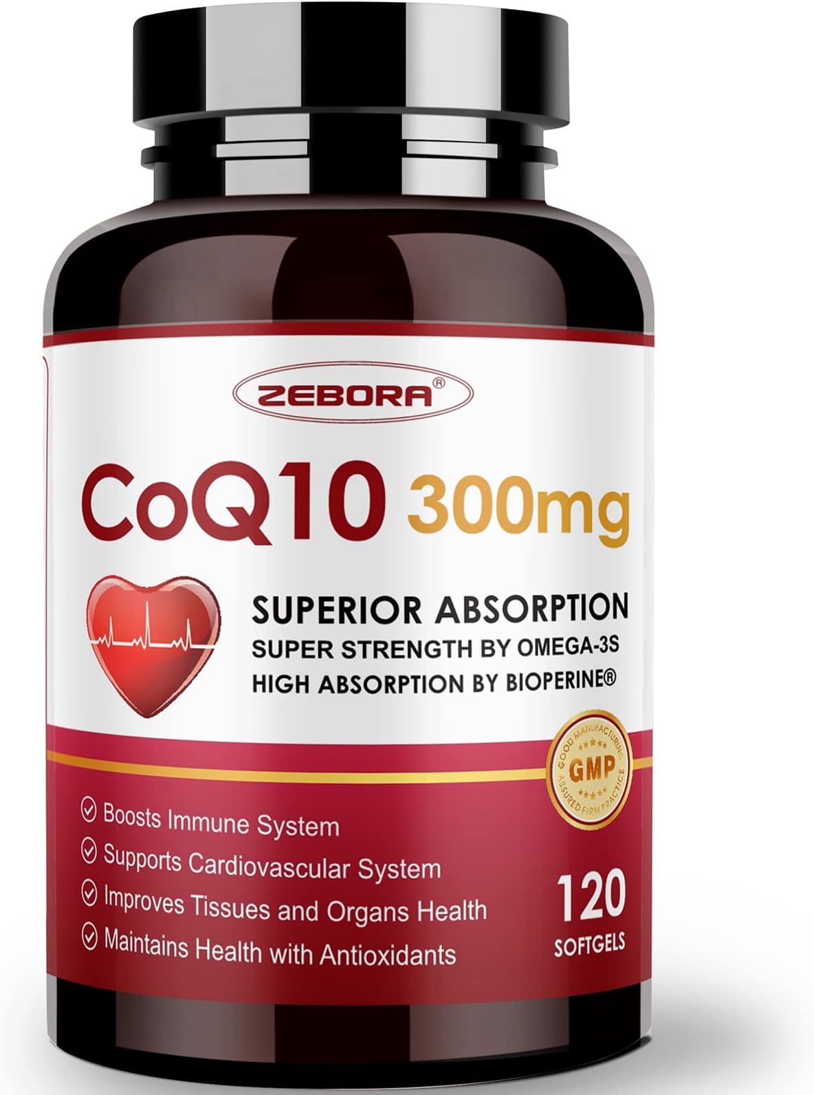ZEBORA CoQ10-300mg-Softgels with PQQ, BioPerine & Omega-3, 120 Servings Coenzyme Q10 (Ubiquinone) Supplement for High-Absorption, Powerful-Antioxidant, Support Heart-Health & Energy-Production