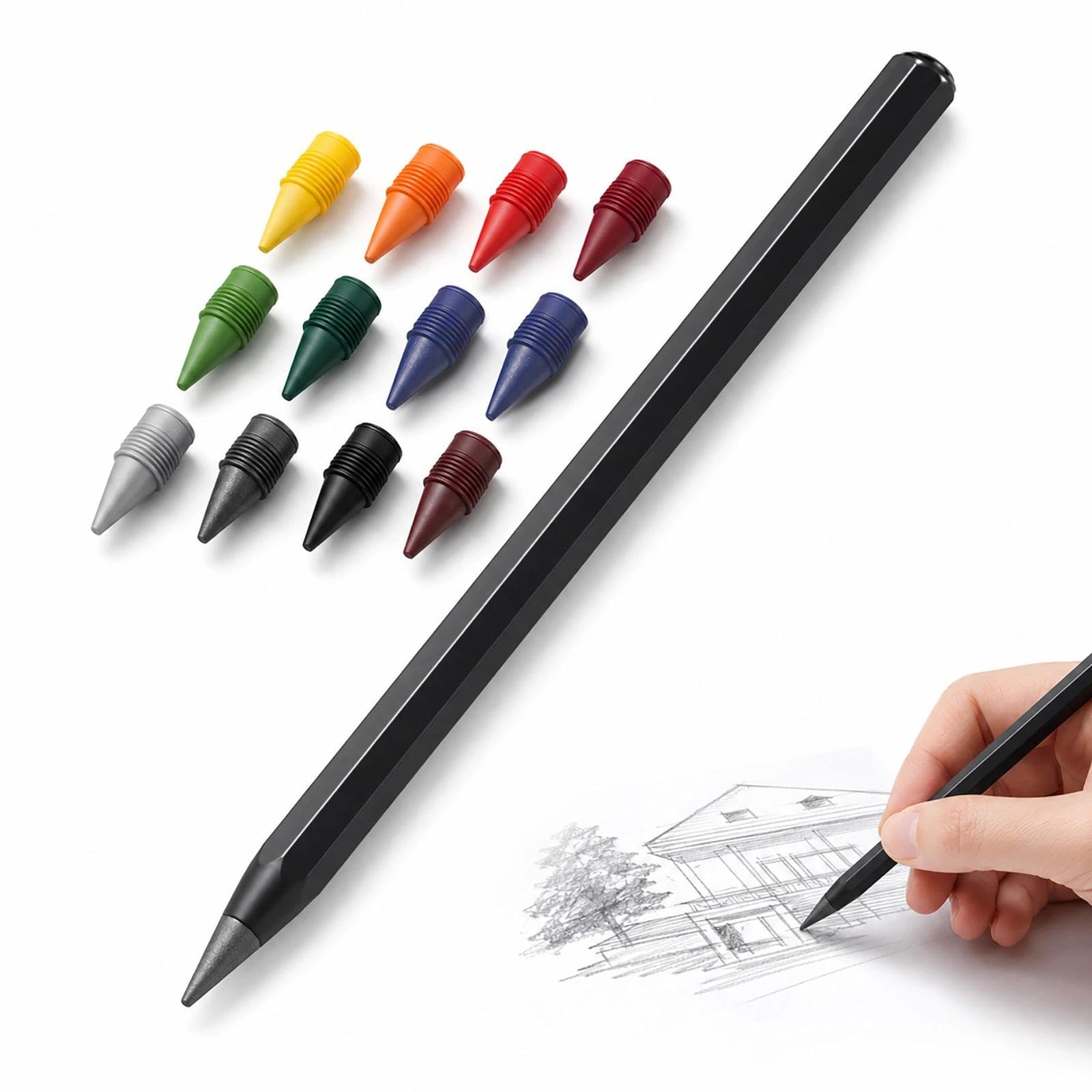 FYHJNC Inkless Everlasting Pencil, Metal Alloy Reusable Pencil with 12 Coloured Refill Tips, No Sharpening Needed for Drawing Sketching Writing Artists Students Office School