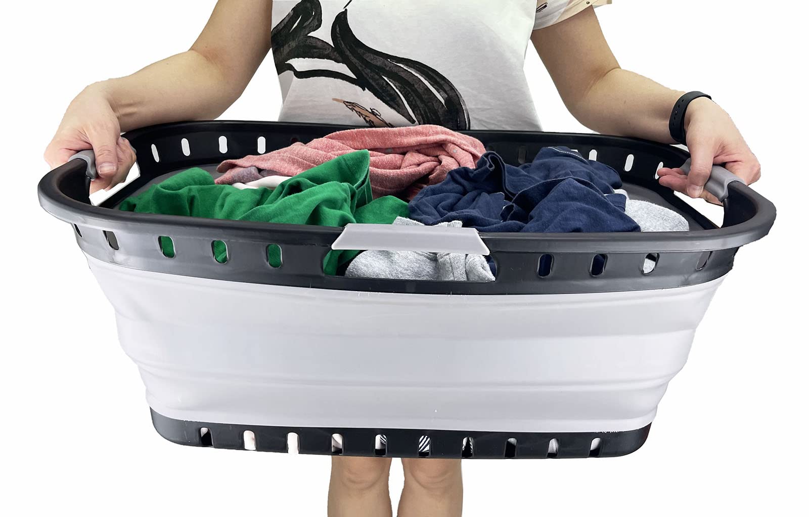 SAMMART 44L Zusammenklappbarer Kunststoff-Wäschekorb – Faltbarer Pop-Up-Aufbewahrungsbehälter–Tragbare Waschwanne–Platzsparender Wäschekorb, Wasserkapazität: 35L (Schwarz/Grau (2er-Set))