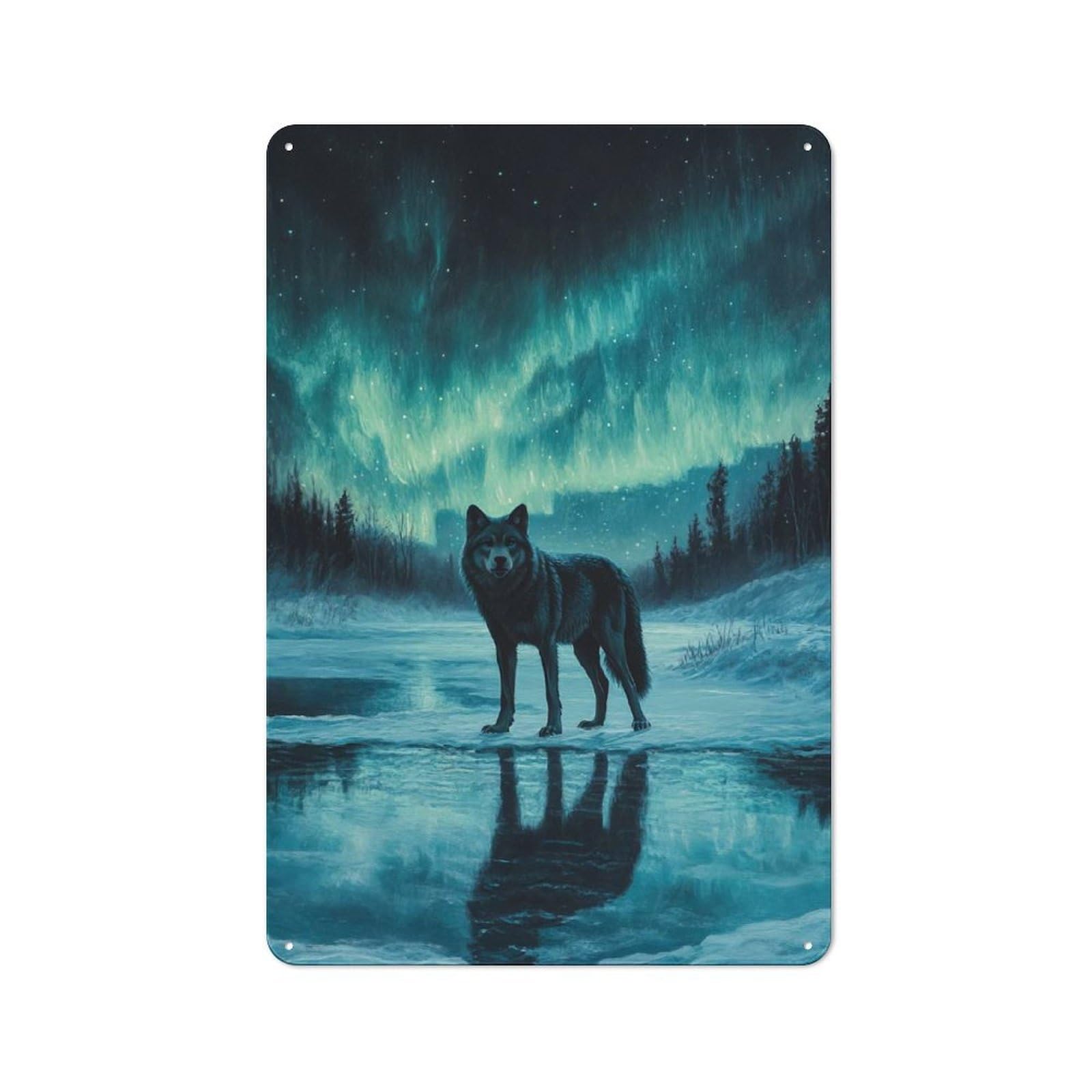 Junmoney Wolf Under Aurora Borealis For Café Or Restaurant, Vintage Metal Sign 30X20cm, For Vintage Wall Decor Fans, For Cafés, Pubs And Restaurants