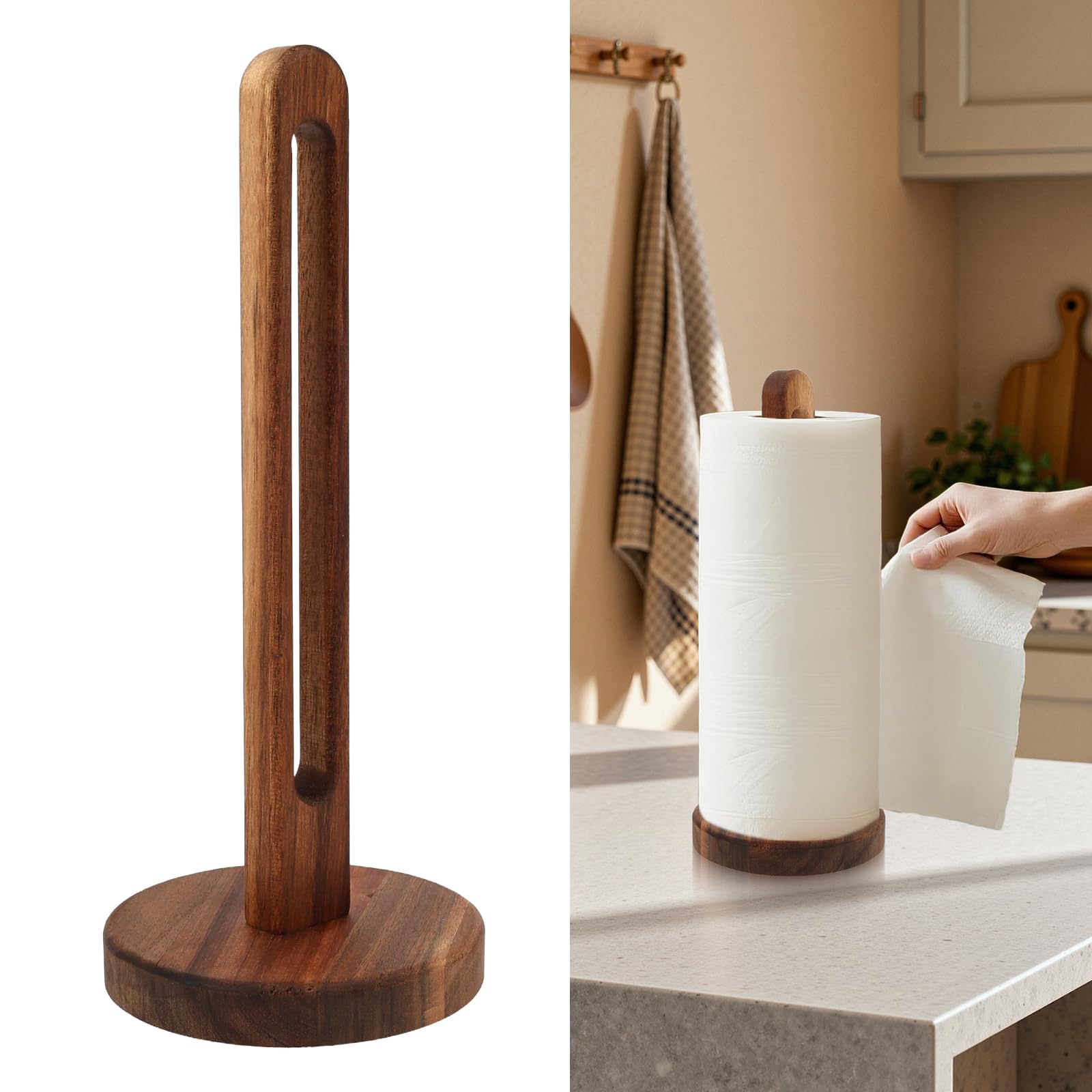 Shaojian Brown Wood Kitchen Roll Holder Free Standing – Acacia Wooden Paper Towel Holder Countertop With Non-Slip Base, 29Cm Tall Farmhouse Organiser For Standard & Jumbo Rolls, Easy Assembly