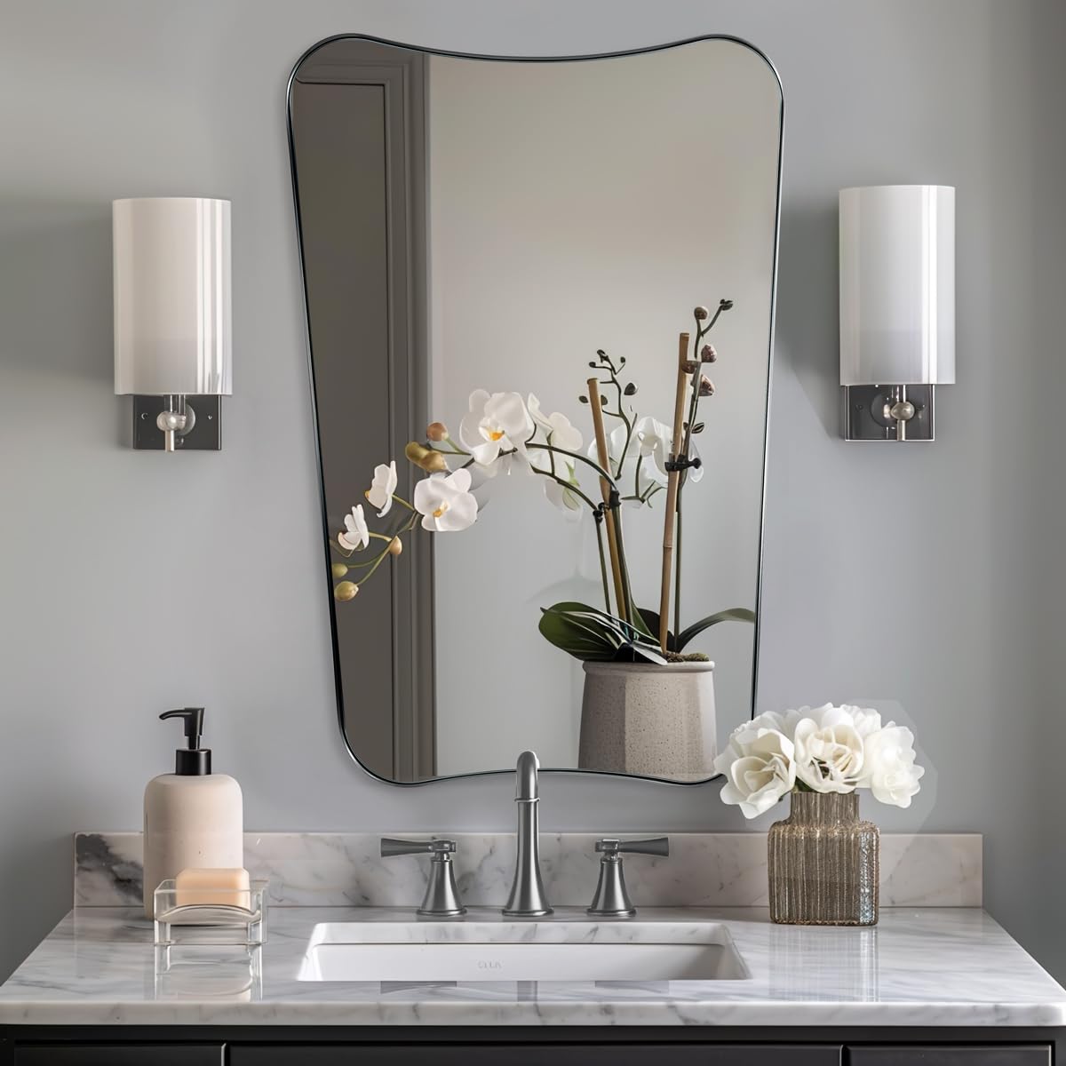 ANDY STAR Brushed Nickel Mirror for Bathroom, 24x36 Wavy Mirror with Stainless Steel Silver Metal Frame, Modern Wall Mirror with a Sophisticatedly Designed Shape for Bathroom, Living Room, Entryway