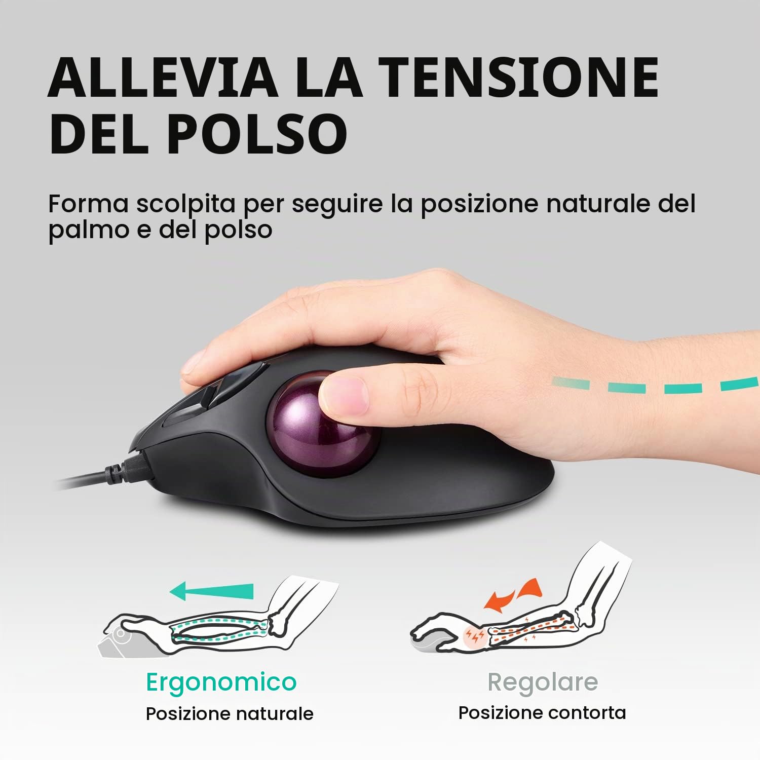 Perixx PERIMICE-517 Trackball Mouse Ergonomico con Cavo - 7 Tasti - 400/1000 DPI - Nero