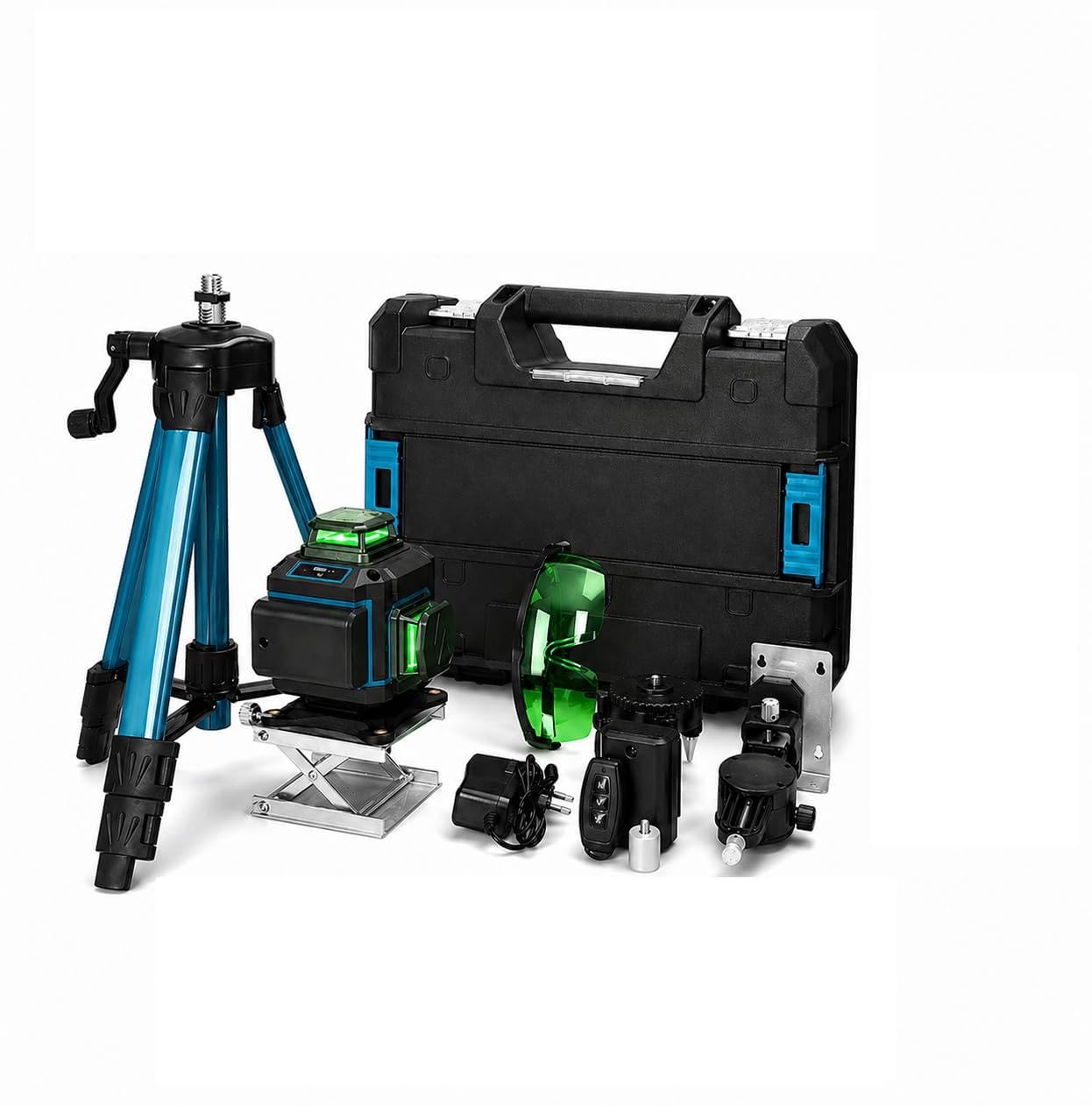 Livella Laser 4D Autolivellante 360° con 16 Linee Verdi, Sistema di Allineamento 3° Automatica, 2 Batterie Incluse, Supporto Girevole, Treppiede Regolabile fino a 1,2m, Telecomando e Valigetta