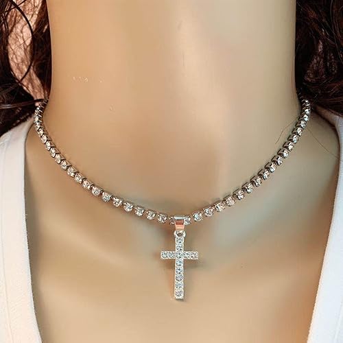 Miniatura 5 de Gargantilla de tenis con circonita cúbica, gargantilla con colgante de cruz de circonita cúbica, collar de tenis con cadena de cristal brillante,
