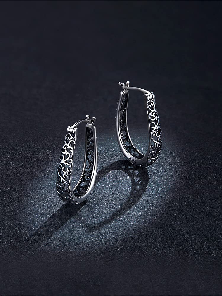Silver Vintage Vine Real 925 Sterling Silver Hoop Earrings For
