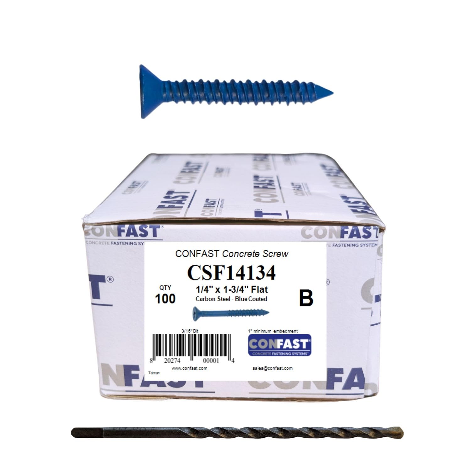 CONFAST 1/4" x 1-3/4" Blue Flat Phillips Concrete Screw Anchor with Drill Bit for Anchoring to Masonry, Block or Brick (100 per Box)