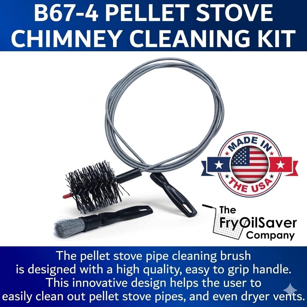 Pellet Stove & Dryer Vent Cleaner Kit – 4 inch Head and 10 ft Long Steel Flexible Brush for Fireplace Chimney, Ash, Lint & Soot Buildup Removal - Pellet Stove Cleaning Kit by FryOilSaver B67-4