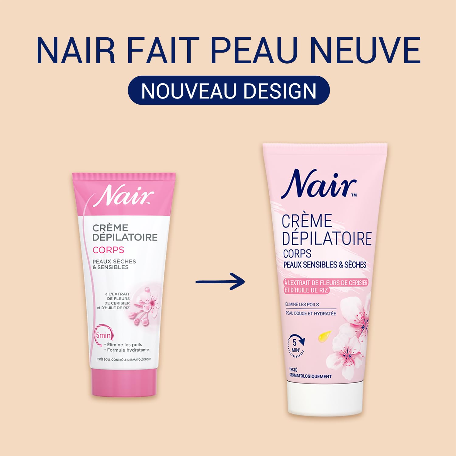 NAIR - Crème Dépilatoire Corps - Peaux Sèches & Sensibles, aux Extraits de Fleur de Cerisier & d'Huile de Riz - Lot de 2 tubes de 200ml et spatule - 5
