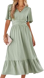 BebreezChic Summer Dress Women's Long Boho Elegant Short Sleeve V-Neck High Waist Swiss Dot Ruffled Flowers Beach Dress Ma...
