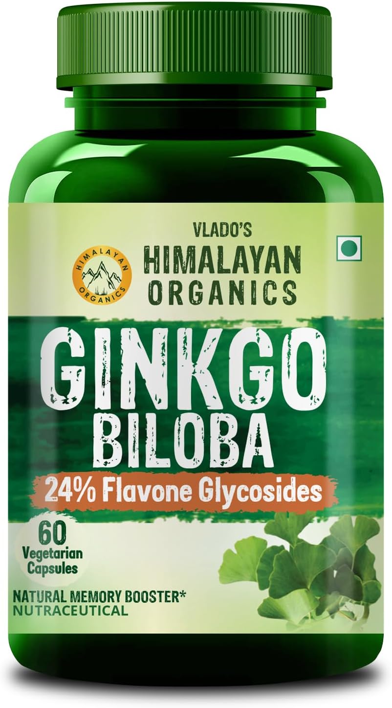 Vladoโs Himalayan Organics Ginkgo Biloba 500mg With Brahmi for Better Concentration, Memory & learning | Helps Anxiety & Stress | Healthy Blood Circulation - 60 Veg Capsules