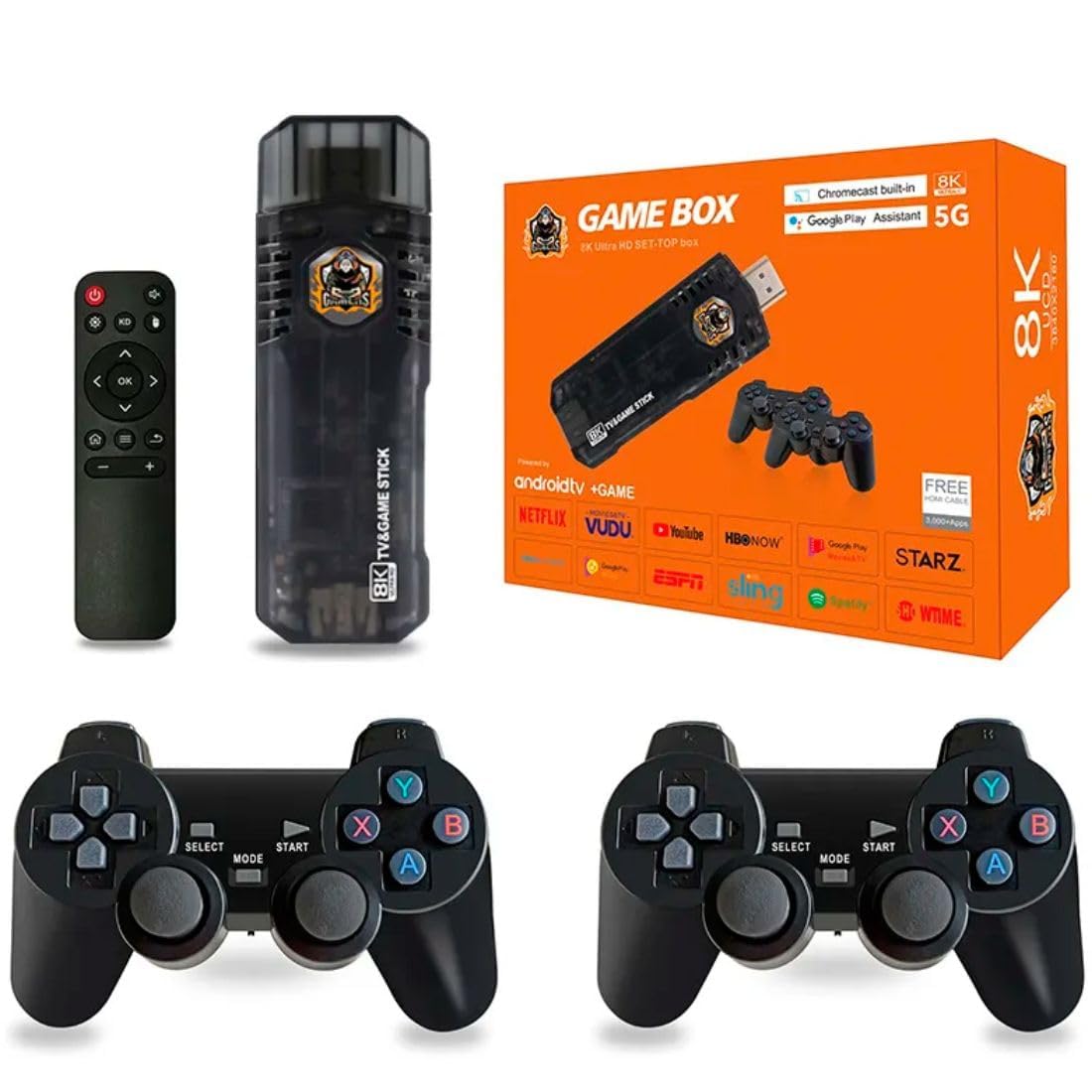 OSEN 2-in-1 TV and Gaming Console Stick with Dual Wireless Controllers & 30000+ Retro Games, 64GB, 8K Plug & Play Android 10 Streaming Stick with Remote
