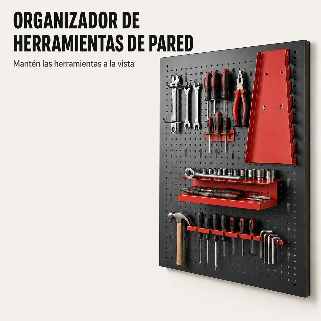 Panel Perforado de Pared para Herramientas – Set de 3 Tableros Metálicos con Accesorios: Ganchos, Soporte para Llaves, Estantes para Brocas, Soporte para Destornilladores y Herrajes de Montaje