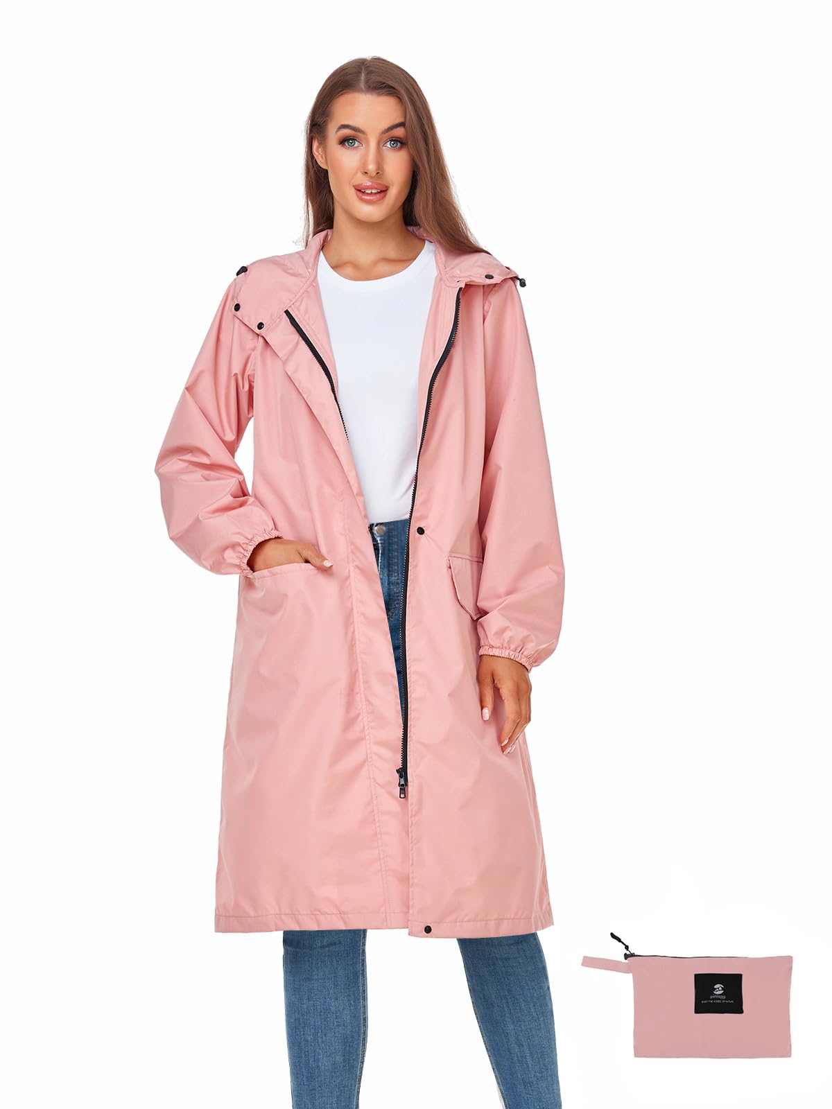 SaphiRose Women's Long Rain Jacket Waterproof Lightweight Hooded Raincoat Packable Knee Length Rain coat