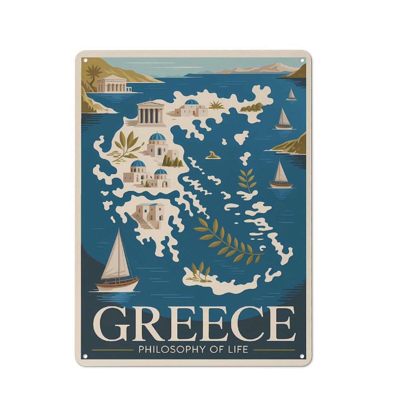 Junmoney Style-14 Metal Wall Sign 40X30cm Featuring Greece Travel (2) For Workshop Wall, For Room Styling Across Workshops And Hobby Rooms