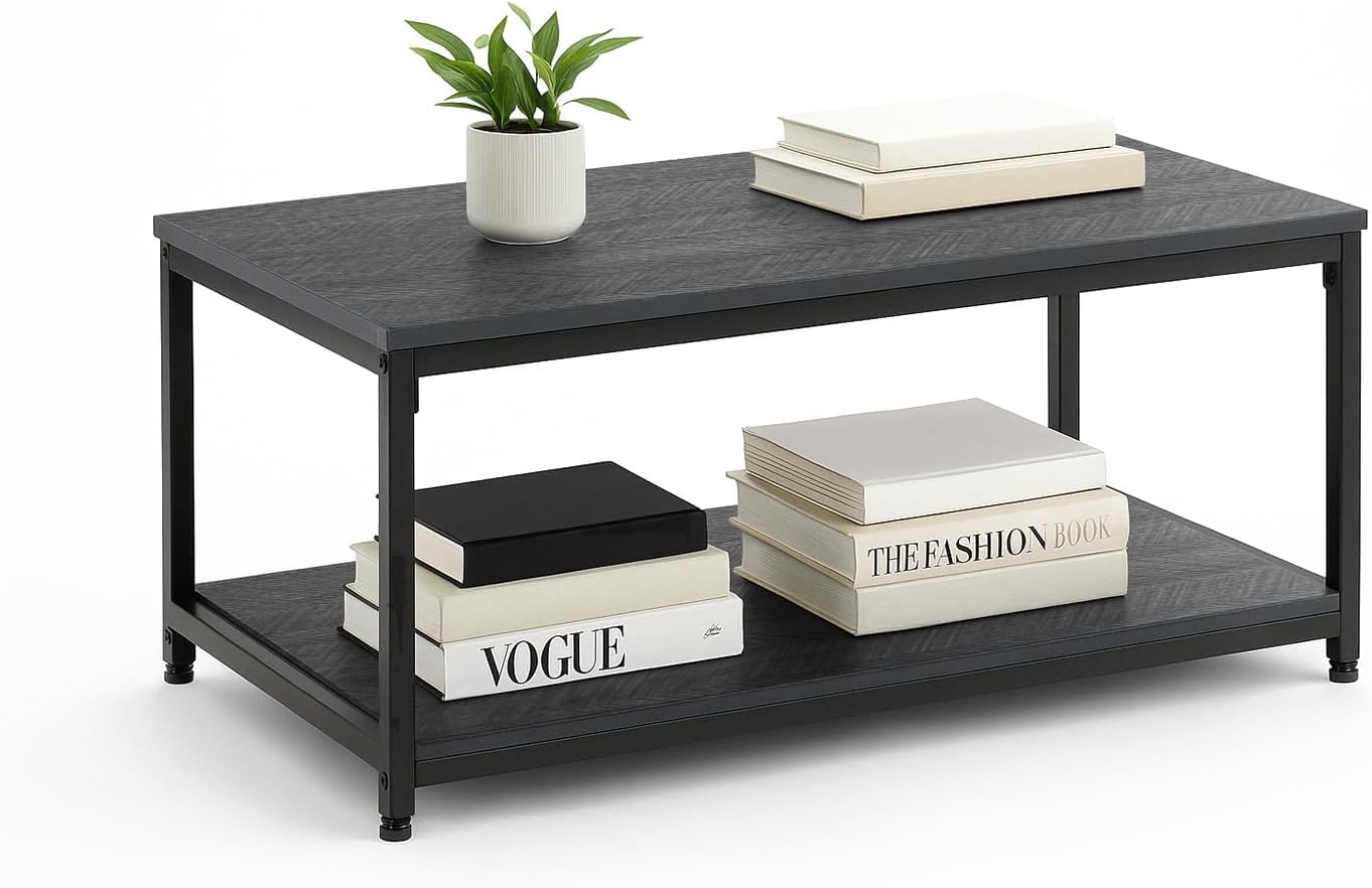 SG Traders Large Coffee Table | Industrial Coffee Table for Living Room | Stylish and Durable 2 Tier Wooden Tables with Storage & Metal Legs | Perfect for Any Room 100x50x45cm (Black)