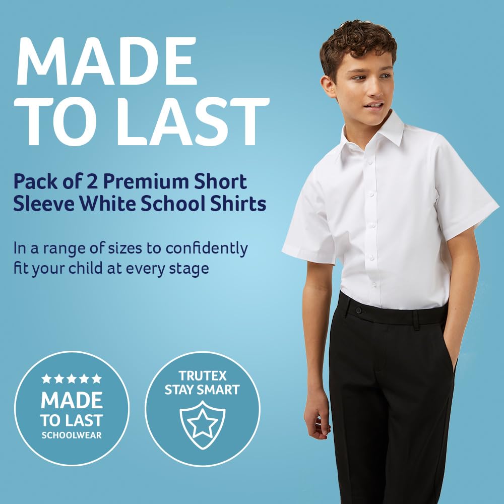 Trutex Basics 2 Pack White Short Sleeve School Shirts - Boys (3-16+ Years) Slim Fit, Easy Iron, Button Down - Genuine School Uniform