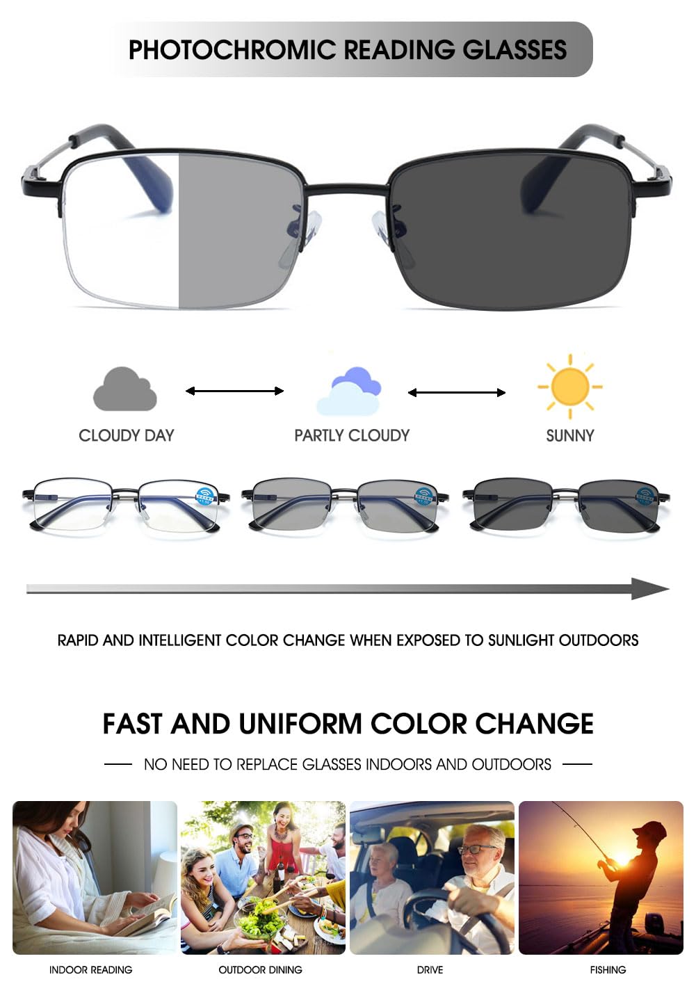 VEVESMUNDO Selbsttönende Lesebrille Blaulichtfilter Metall Halbrand Gleitsichtbrille Gleitsicht Sehhilfe Lesehilfe Brillen für Herren Damen