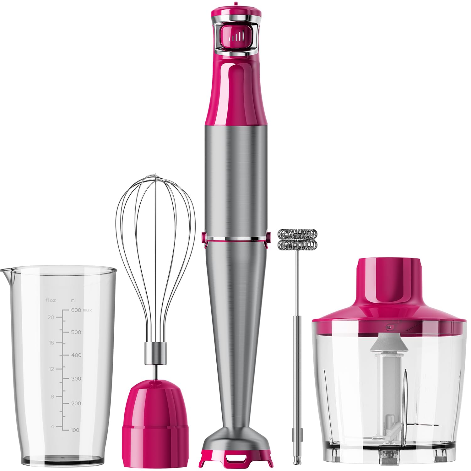 Immersion Blender Handheld Corded Hand Blenders Set 1100W, Trigger Variable Speed 5 in 1 Stick Emulsifier with Chopper, Whisk and Frother for Soup, Baby Food and Smoothies, Rose Red
