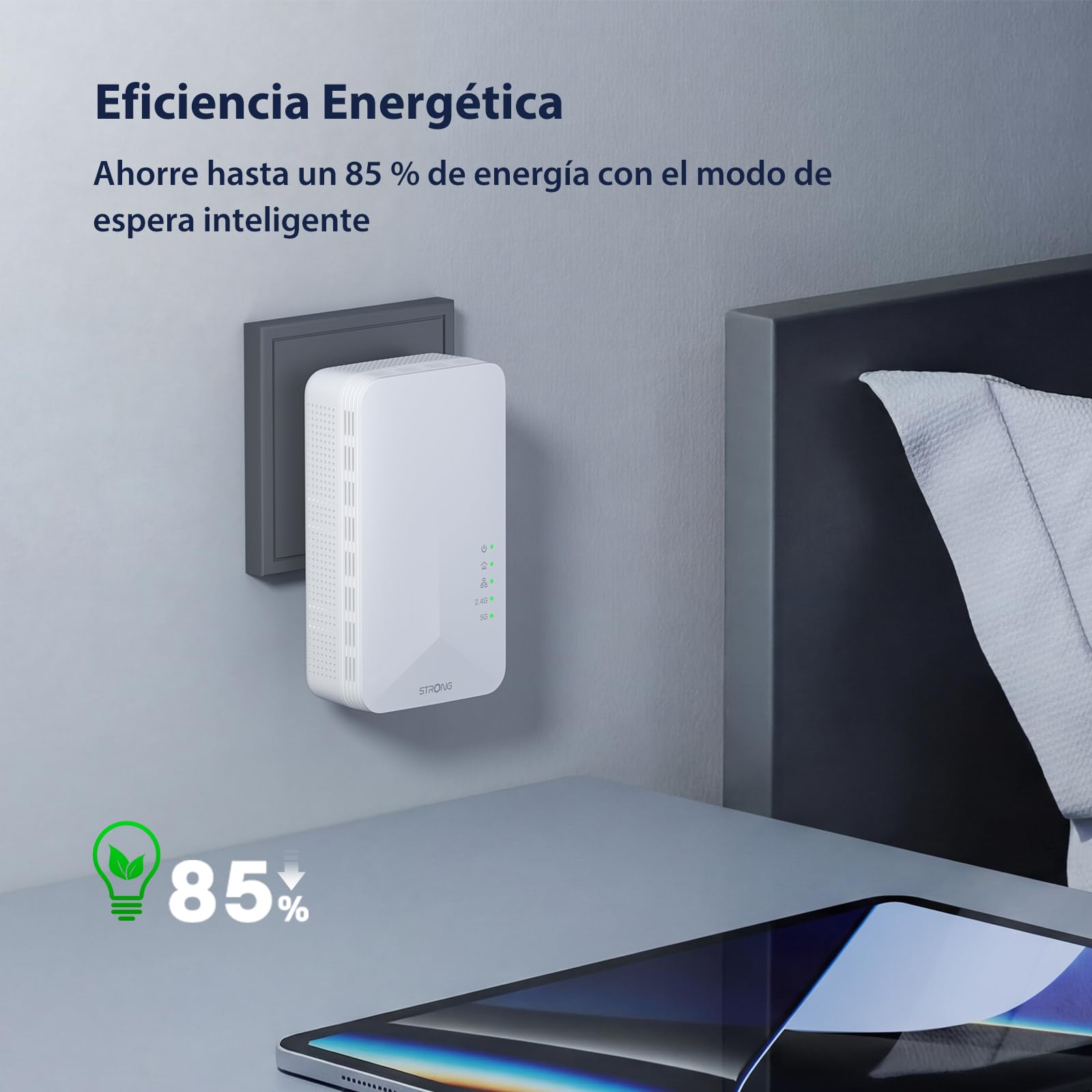STRONG AV1000 Adaptador Powerline WiFi con Enchufe, PLC HomePlug AV2 Type F, WiFi 1200 Mbit/s en 2.4GHz/5GHz, Plug & Play, Modo de Ahorro de Energía, Puertos Gigabit (POWERL1000WFDUOEUV2)