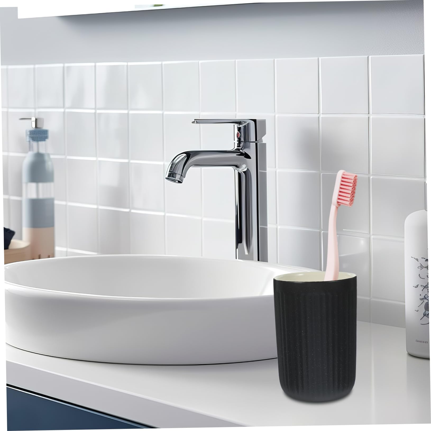 Happyyami 2 Vasos de Cerámica Negra de 300ml para Cepillos de Dientes y Enjuague Bucal, Reutilizables y Cómodos para Camping y Viaje