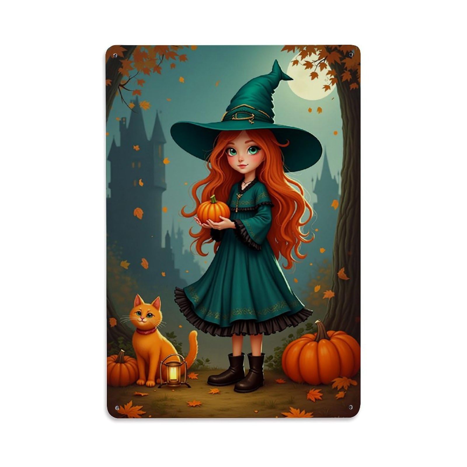 Witch Pumpkin Cat Moon Castle Vintage Tin Sign Retro Metal Wall Decor Metal Poster, Home Bar Garage Farmhouse Cafe Wall Art Decoration 8x12Inches