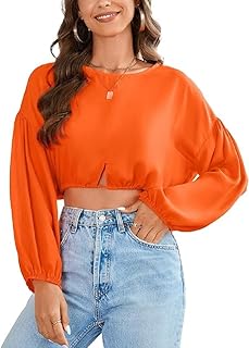 Women's Lantern Long Sleeve Round Neck Drawstring Loose Casual Crop Top Blouse