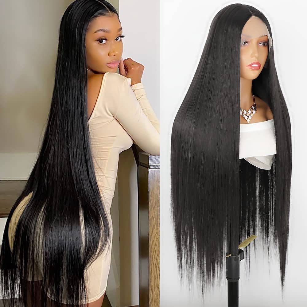 Salomezklm Black Lace Front Wigs, Long Straight Front Lace Wigs, Synthetic Heat Resistant Fiber Hair, Glueless Wigs For Black Women 26 Inch